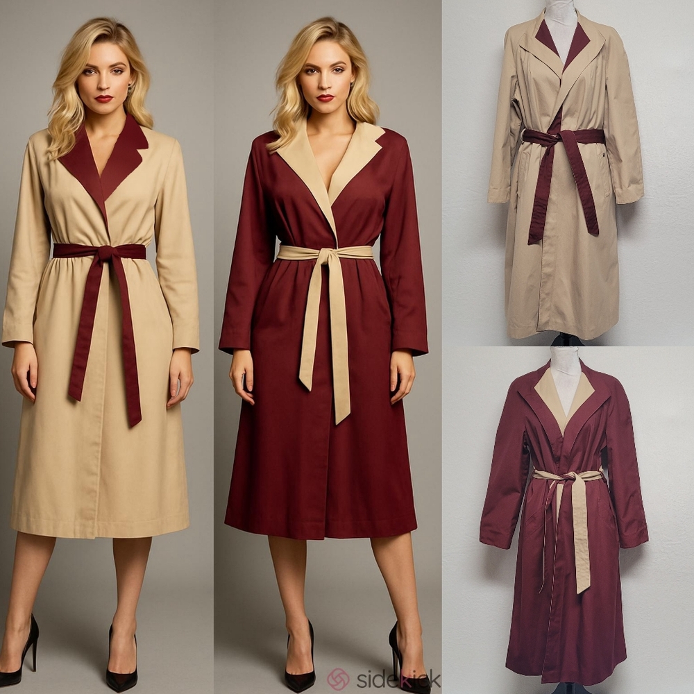 Rare Vintage 70s Etienne Aigner Beige Maroon Reversible Belted Trench Coat 16